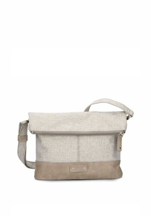 Beige fabric crossbody bag with adjustable strap, front zipper pocket, and brown faux leather bottom panel.