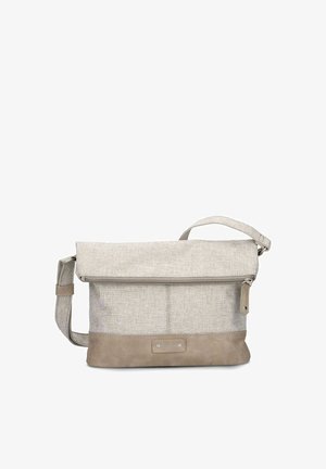 Beige Stoff-Umhängetasche mit verstellbarem Trageriemen, vorderer Reißverschlusstasche und braunem Kunstleder-Bodenpaneel.