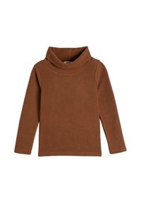 Top marrón de manga larga con cuello de tortuga y tela lisa y sencilla, dispuesto plano sobre un fondo blanco.