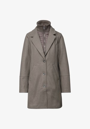 Szary płaszcz z wełny z kołnierzem z wcięciem, z przodu zapinany na guziki i z bocznymi kieszeniami. Zawiera zapinaną na zamek, pikowaną wewnętrzną warstwę w kontrastowym kolorze.