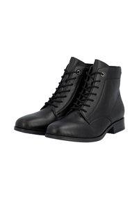 Bottes noires en cuir à la cheville avec une finition lisse, design à lacets, bouts ronds et petit talon compensé. Oeillets en métal pour les lacets.