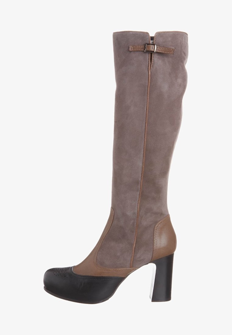 High-heeled knee-high boot in gray suede with brown accents; pointed toe in black leather; features a decorative zip and stitching detail.