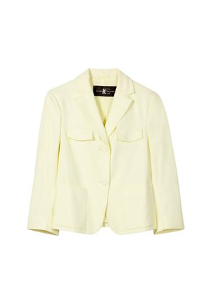 Light yellow tailored blazer with two buttons, notched lapels, two flap chest pockets, and two lower patch pockets.