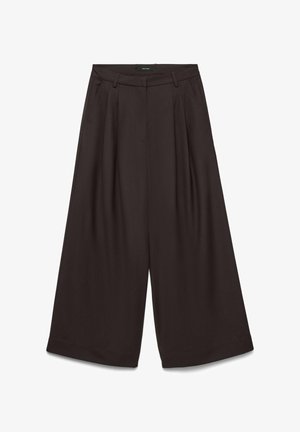 Pantalon taille haute à jambes larges, de couleur brun foncé, doté de passants pour ceinture, de poches latérales et de plis à l'avant, adapté pour une tenue formelle ou décontractée.