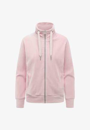 Giacca rosa chiaro a costine con cerniera, collo alto e coulisse, maniche lunghe e tasche frontali, progettata per un uso casual.