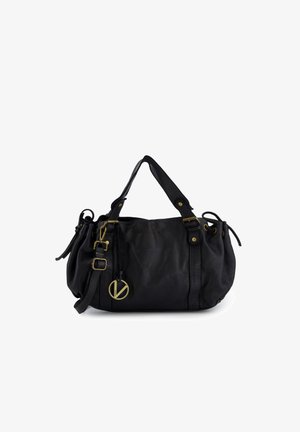 Black leather handbag with a gathered design, gold hardware accents, dual handles, and a decorative pendant attached.