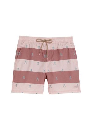 Bañador corto a rayas en rosa y malva con cintura de cordón y pequeño estampado de calaveras y tibias cruzadas por todo el tejido.