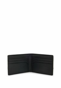 Portefeuille en cuir noir avec une finition texturée, comportant plusieurs emplacements pour cartes et un design pliable. Pas de marque visible sur le côté extérieur.