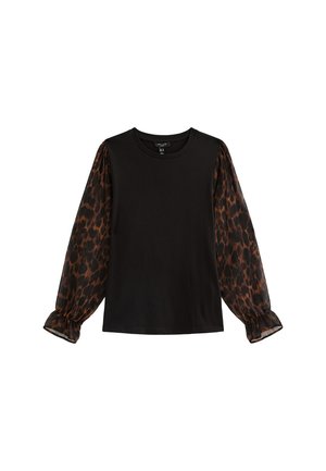 T-shirt nera con maniche lunghe in tessuto leopardato trasparente. Il corpo principale è in tessuto solido e presenta polsini elastici sulle maniche.