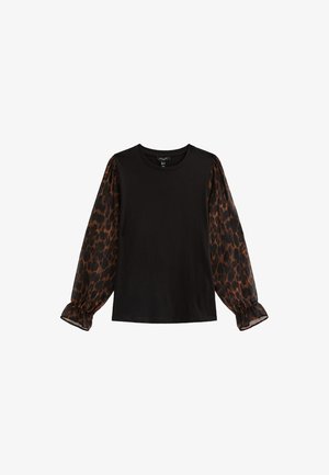 Schwarzes T-Shirt mit langen, durchsichtigen Ärmeln im Leopardenmuster. Der Hauptkörper besteht aus solidem Stoff und verfügt über elastische Bündchen an den Ärmeln.