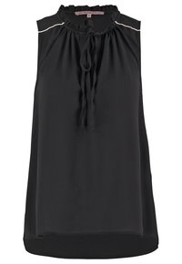 Blouse noire sans manches avec col à volants, détail noué à l'avant et liseré blanc sur les épaules.