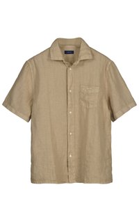 Vaaleanbeiget lyhythihainen pellavapaita, jossa on etupainikkeet, kaulukset ja rintatasku, jossa on hienovarainen brändiä esittelevä brodeeraus.