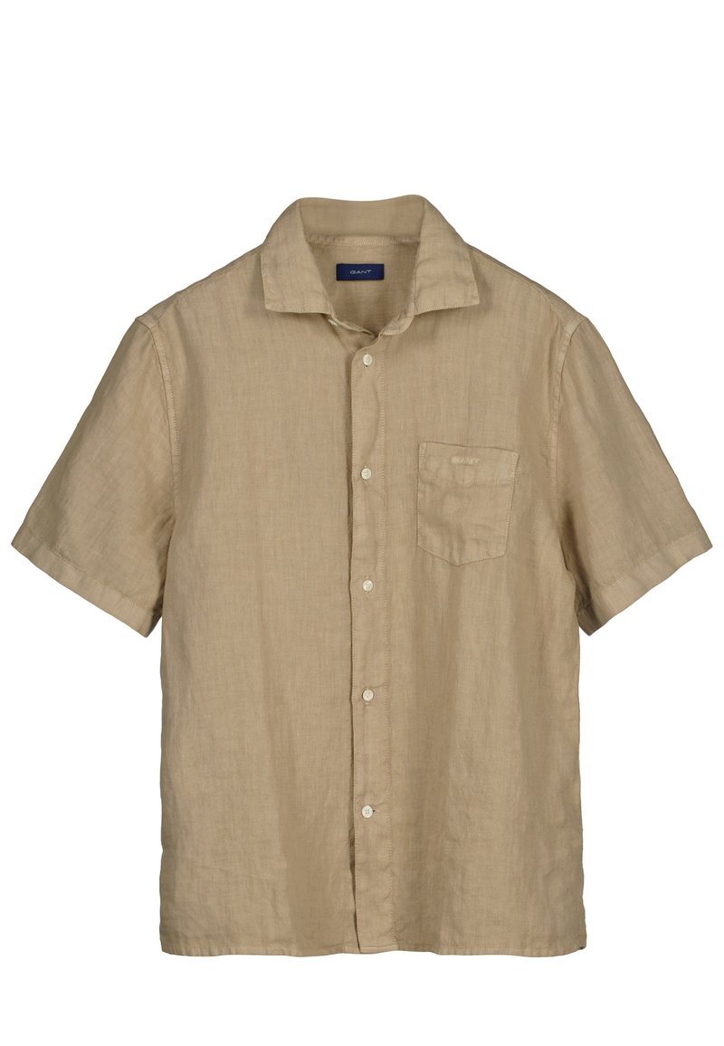 Vaaleanbeiget lyhythihainen pellavapaita, jossa on etupainikkeet, kaulukset ja rintatasku, jossa on hienovarainen brändiä esittelevä brodeeraus.