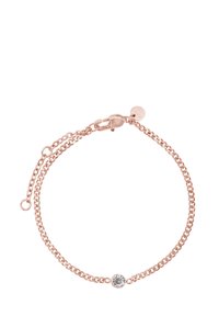Roségold-Armband mit doppelt vergoldetem Design, das einen zentralen klaren Stein in einer kreisförmigen Akzentuierung zeigt und mit einem Karabinerhaken verschlossen wird.