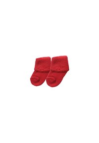 Red infant socks with a ribbed cuff, made of soft material. Features round toe design with a snug fit for comfort and warmth.