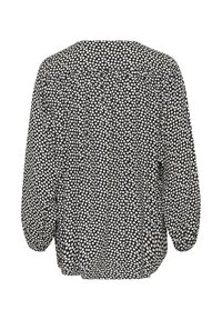 Svart blus med vita prickar, långa ärmar med elastiska manschetter, plisserad rygghals och en avslappnad passform. Materialet verkar lätt.