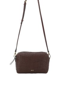 Brown woven leather crossbody bag with a zip closure, adjustable strap, and gold-tone hardware. Smooth texture with subtle branding detail.