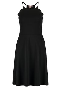 Abito nero senza maniche a campana con bordi ondulati e spalline sottili, di lunghezza al ginocchio con un corpetto aderente.