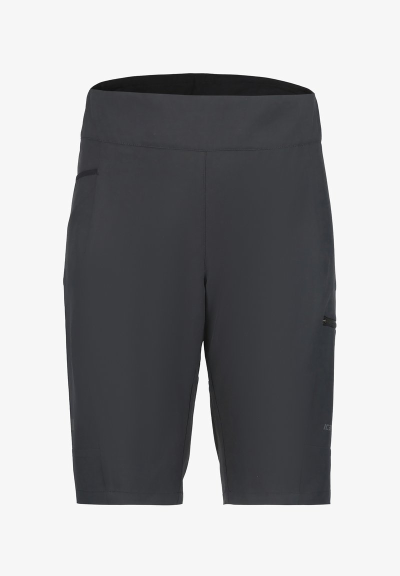 Shorts pour hommes en gris foncé, fabriqués en tissu léger, avec une texture lisse, une taille élastique et une poche zippée sur le côté pour le rangement.