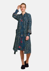 Blue floral-patterned robe with a knee-length design, featuring long sleeves, a tie waist, and striped accents on the cuffs.