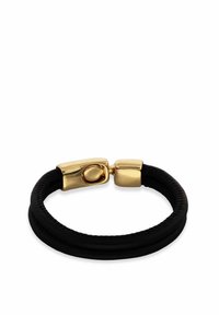 Pulsera elástica negra con un cierre y detalle metálico liso dorado. Presenta un diseño de doble hebra para un aspecto texturizado.