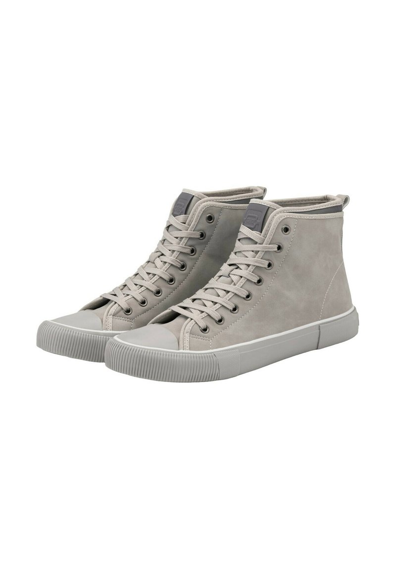 Hoge sneakers van lichtgrijs suede, met een ronde neus, vetersluiting aan de voorkant, grijze accenten en een getextureerde rubberen zool.