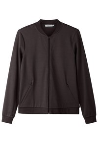 Mörkgrå zip-up jacka i mjukt tyg, med rund halsringning, två sidofickor med dragkedja och ribbade ärmslut och fåll.