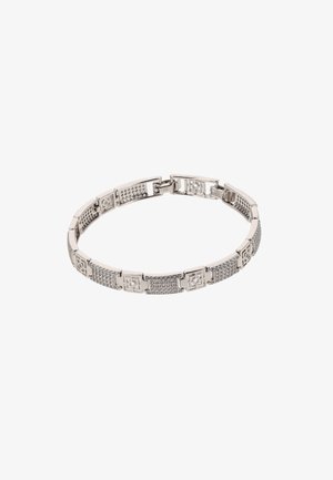 Hopeaketja valtavasta hopeametallista, jossa on toisiinsa kytkeytyviä lenkkejä, tekstuuripintoja, neliökoristeita ja pieniä keinokiviosioita.