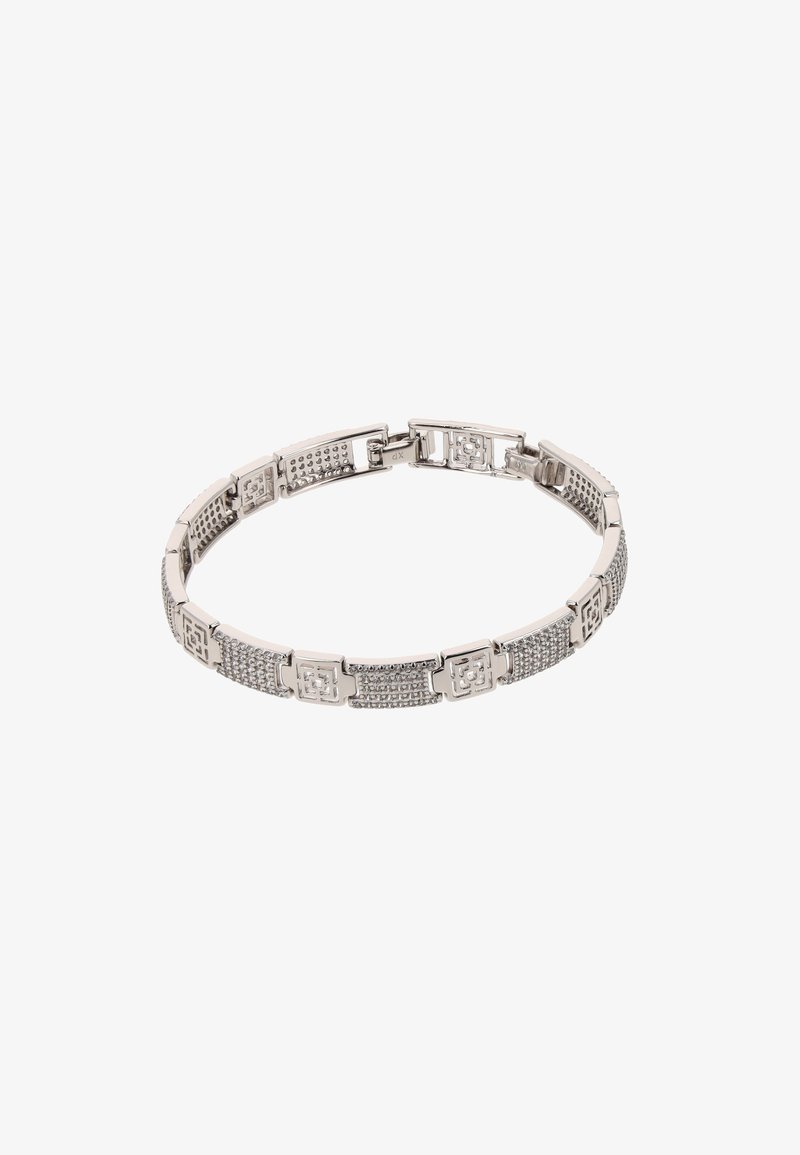 Ezüst fém karkötő, amely összekapcsolt láncszemekből áll, textúrált felszínekkel, négyzet alakú díszítőelemekkel és kis műgyöngy szegmensekkel.