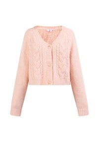 Cardigan rosa corto lavorato a maglia con maniche lunghe, scollo a V, chiusura frontale con bottoni e motivo a treccia texturizzato. Materiale morbido e accogliente.