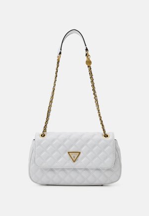 White quilted shoulder bag with gold chain strap and triangular Guess logo on front flap.