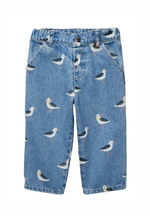 Shorts en jean bleu avec imprimé mouettes sur toute la surface, poches avant et fermeture à boutons.