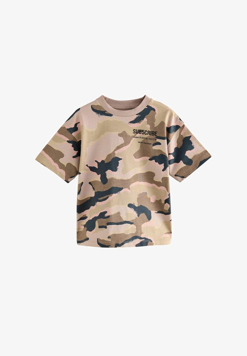 Maskáčové tričko v béžové, růžové a tmavě modré barvě; bavlněná tkanina, krátké rukávy, kulatý výstřih, s potiskem na přední straně.