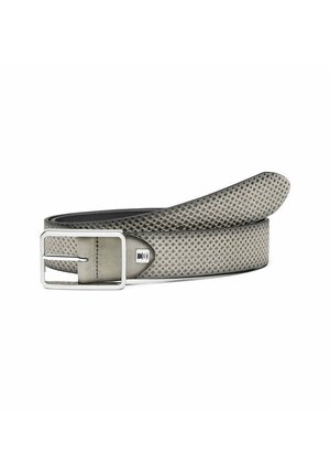 Gray perforated leather belt with a rectangular silver buckle, featuring a textured pattern and smooth edges, designed for adjustable fit.