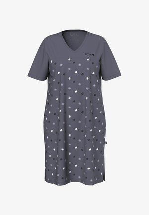 Grau Kleid mit kurzen Ärmeln und V-Ausschnitt, versehen mit kleinen schwarzen, weißen und hellblauen Blumenmustern sowie dem Aufdruck "LOVE" mit einem Herzen auf der Brust.