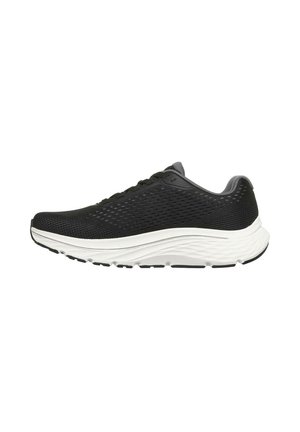 Scarpa da corsa atletica nera con tomaia in mesh traspirante e suola imbottita bianca spessa, mostrata di lato su sfondo bianco.