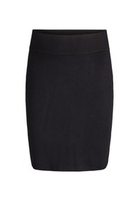 Black knee-length fitted skirt with wide waistband, plain design, and no visible patterns or embellishments.