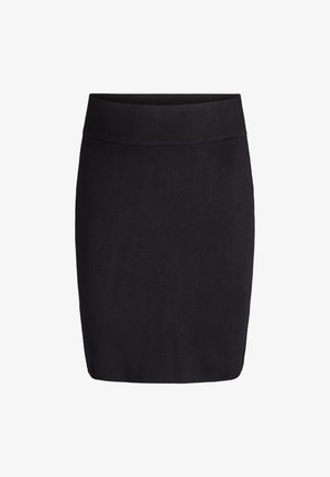 Black knee-length fitted skirt with wide waistband, plain design, and no visible patterns or embellishments.