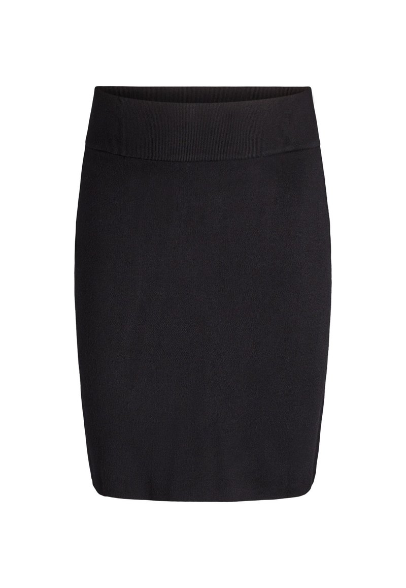 Black knee-length fitted skirt with wide waistband, plain design, and no visible patterns or embellishments.