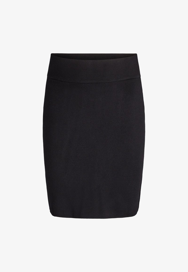 Black knee-length fitted skirt with wide waistband, plain design, and no visible patterns or embellishments.