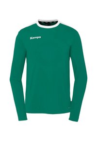 Camicia a maniche lunghe di un verde vivace con accenti bianchi sulle spalle. Presenta un collo tondo e un tessuto morbido e flessibile. Logo del marchio ben visibile.