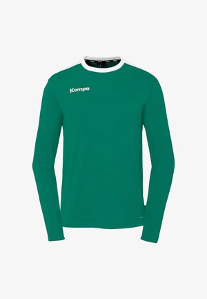 Long-sleeve shirt in vibrant green with white shoulder accents. Features a crew neck and soft, flexible fabric. Brand logo displayed prominently.