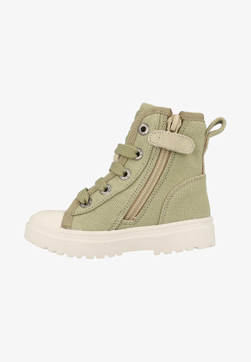 Groene canvas hoge sneaker met veters, zijrits en een rubberen neuskap. Beschikt over een gestructureerde bovenkant en een lus aan de hiel.