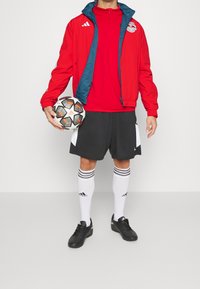 Mand i rød sportjakke og sorte shorts, holder en Adidas fodbold, iført hvide knæstrømper og sorte støvler på hvid baggrund.