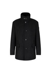 Giacca nera in misto lana con colletto alto, cinque bottoni sul davanti, due tasche laterali e un design sartoriale caratterizzato da un sottile motivo a spina di pesce.