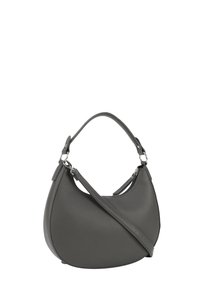 Borsa a tracolla in pelle grigia con forma curva, dotata di manico superiore e tracolla regolabile, superficie testurizzata e dettagli in metallo argentato.