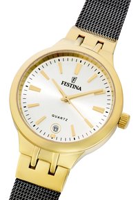 Auksiniu tonu pagamintas kvarcinis laikrodis su sidabriniu ciferblatu, juodu tinkliniu dirželiu ir datos rodikliu 6 valandos pozicijoje. Yra minimalistiniai valandų žymekliai ir rodyklės.