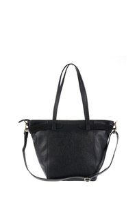 Zwarte leren tote bag met dubbele handvatten en een afneembare schouderband. Beschikt over een textuur oppervlak en contrasterende suède accenten.