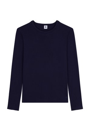 T-shirt à manches longues bleu marine en coton doux, avec un col rond et des poignets festonnés pour un détail de texture subtil.