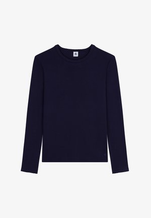 Langärmliges, navyblaues T-Shirt aus weicher Baumwolle mit rundem Ausschnitt und gewellten Bündchen für ein dezentes Texturdetail.